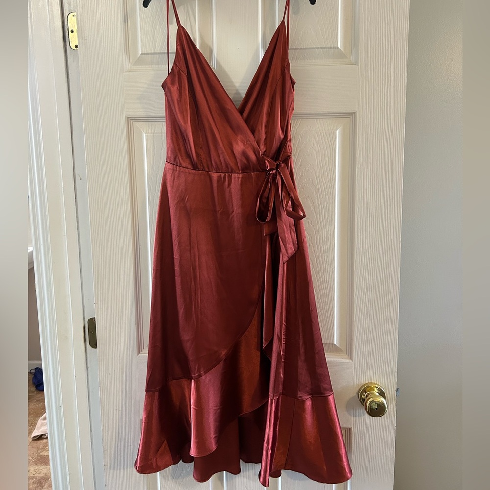 Altar'd State Asymmetrical Satin Dress in Deep Red